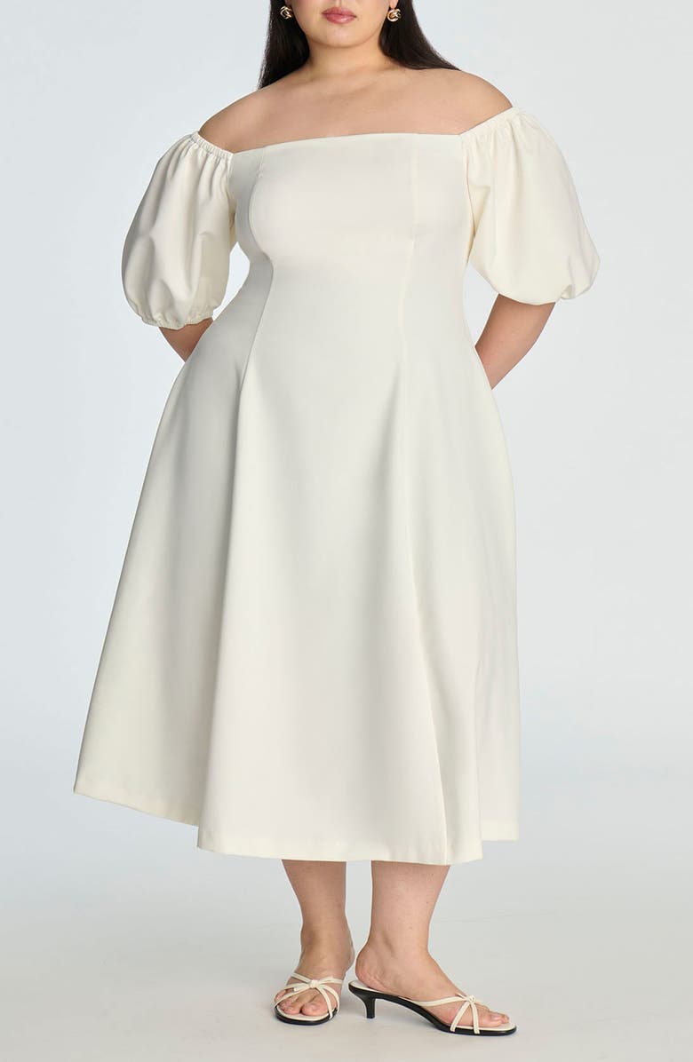 ELOQUII Puff Sleeve Off the Shoulder Dress, Main, color, 