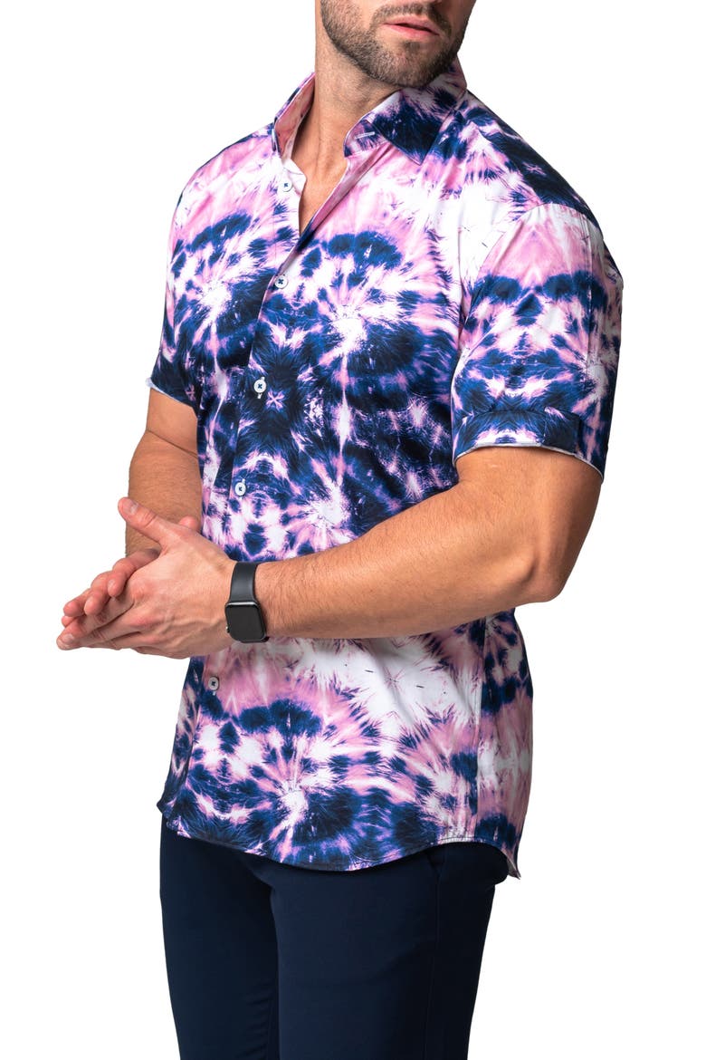 Galileo Tie Dye Stars Short Sleeve Cotton Button-Up Shirt, Alternate, color, BLUE