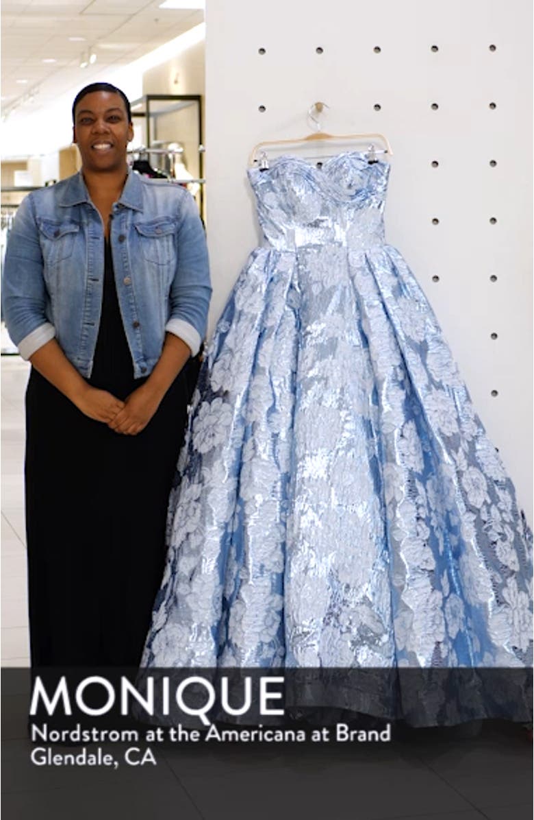 Strapless Metallic Floral Jacquard Prom Dress, sales video thumbnail