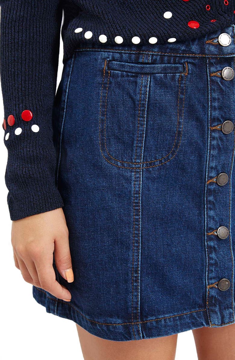 Topshop Button Front Denim Skirt, Alternate, color, 
