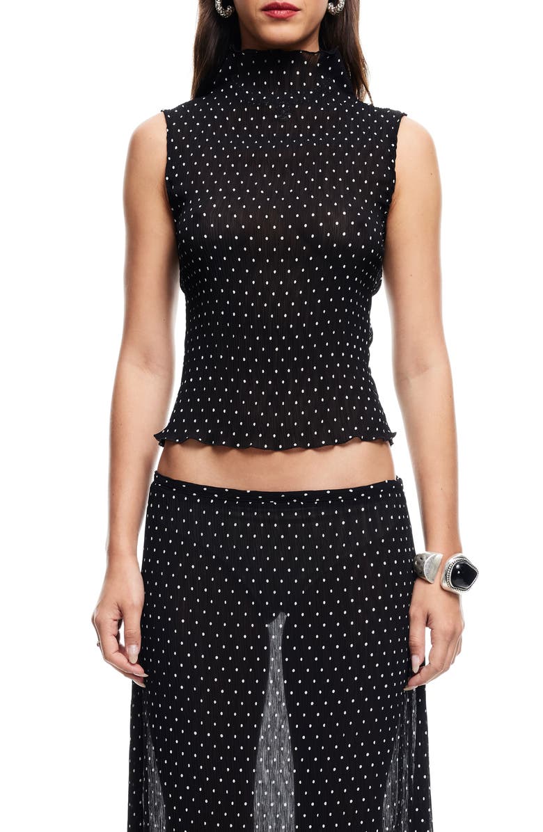 LIONESS Ford Dot Print Funnel Neck Plissé Top, Main, color,