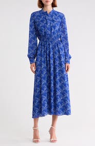 Longchamp Long Sleeve Smocked Waist Midi Dress
