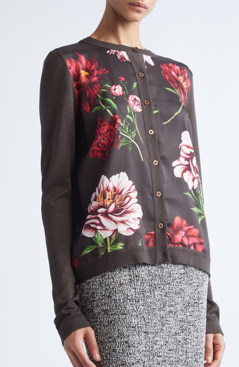 Oscar de la Renta Peony Print Silk Blend Cardigan, Alternate, color, Brown Multi