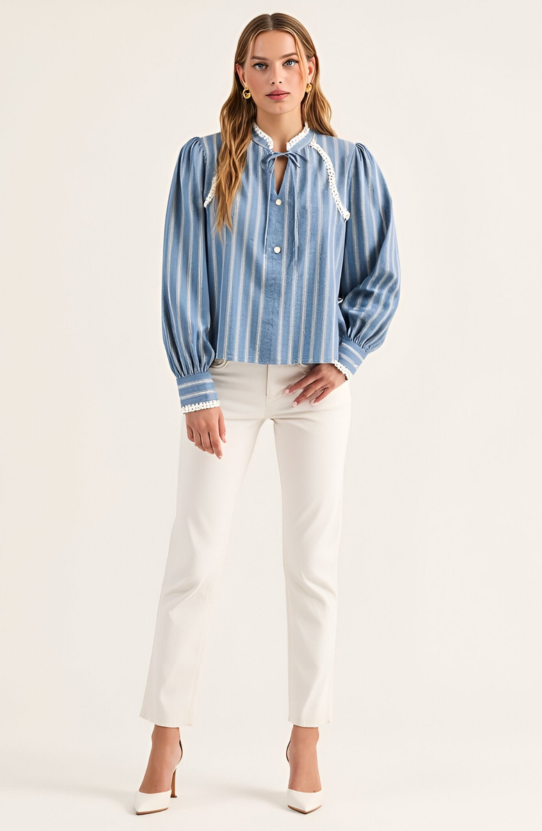 Modenaire Striped Long Sleeve Blouse with Tie Neckline and Lace Trim Details, Alternate, color, 