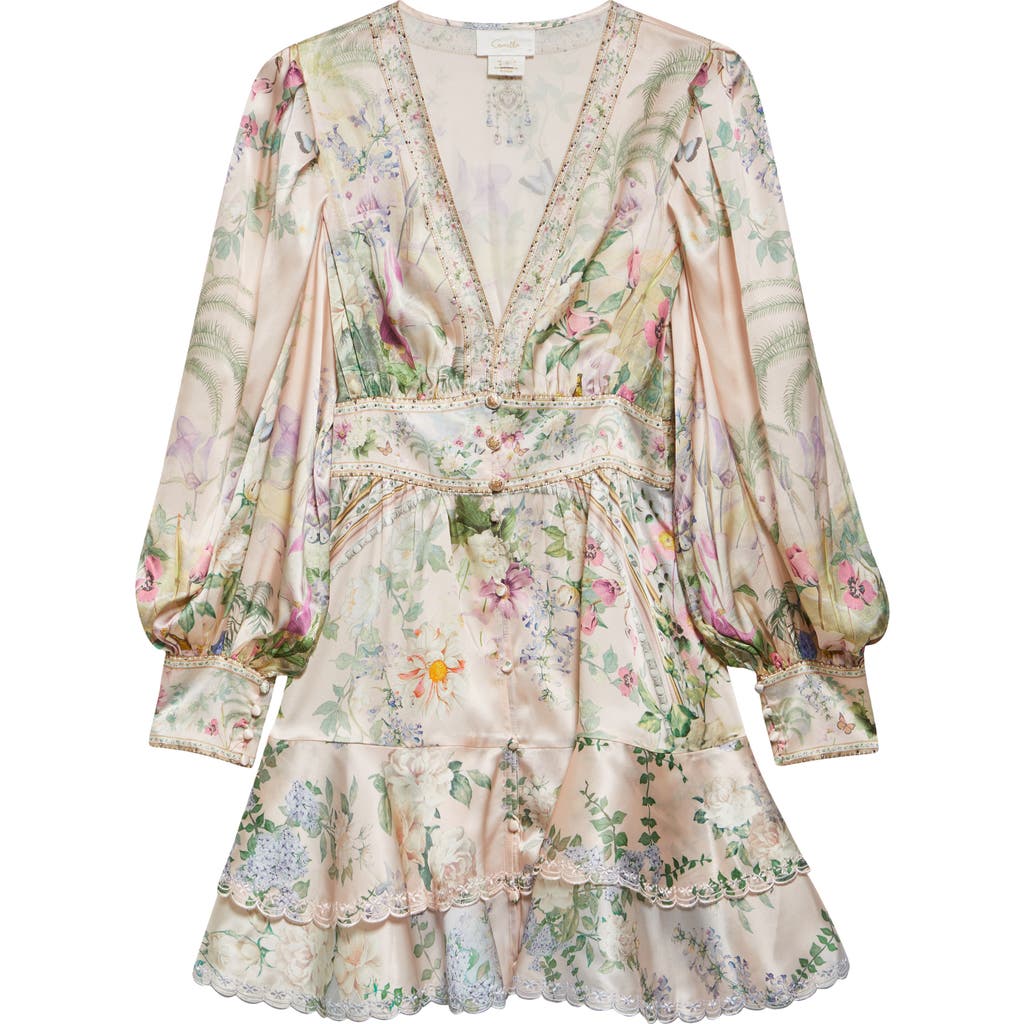 CAMILLA CAMILLA BUTTON FRONT LONG SLEEVE SILK CHARMEUSE MINIDRESS