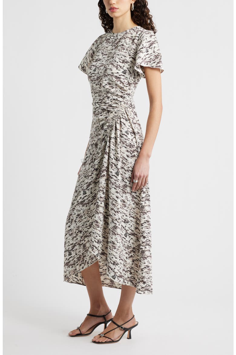 Split Sleeve Side Smocked Midi Dress, Alternate, color, IVORY- BROWN TEXTURAL