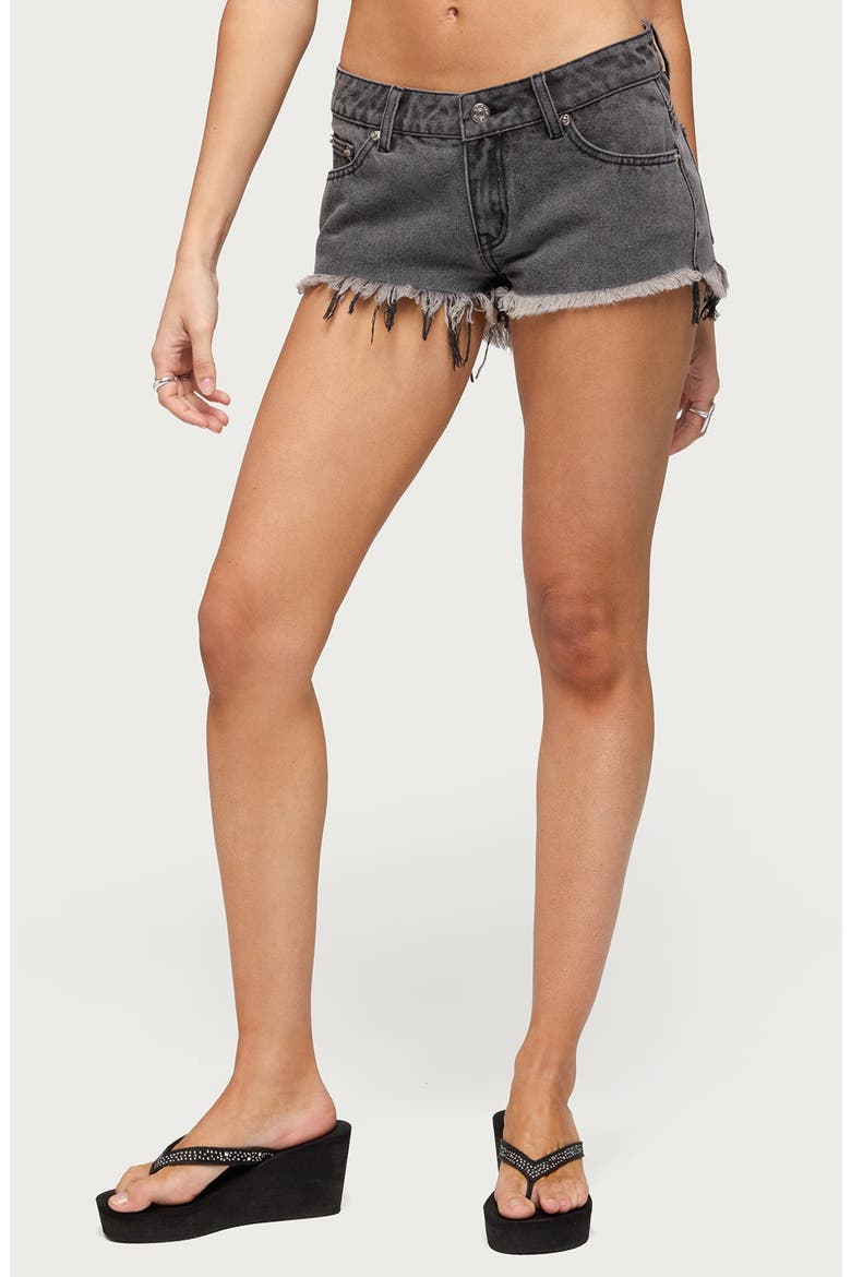 Low Rise Fray Hem Denim Shorts, Main, color, BLACK-WASHED
