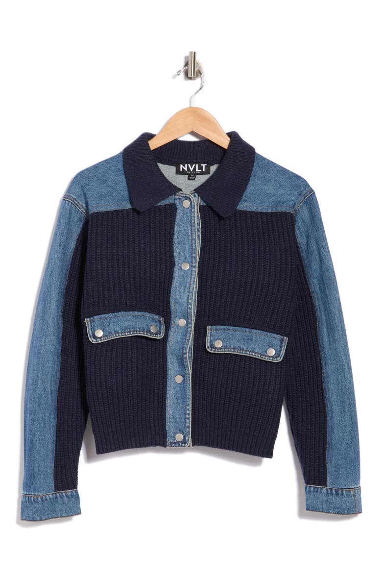 Denim Trim Sweater Jacket, Main, color, NAVY