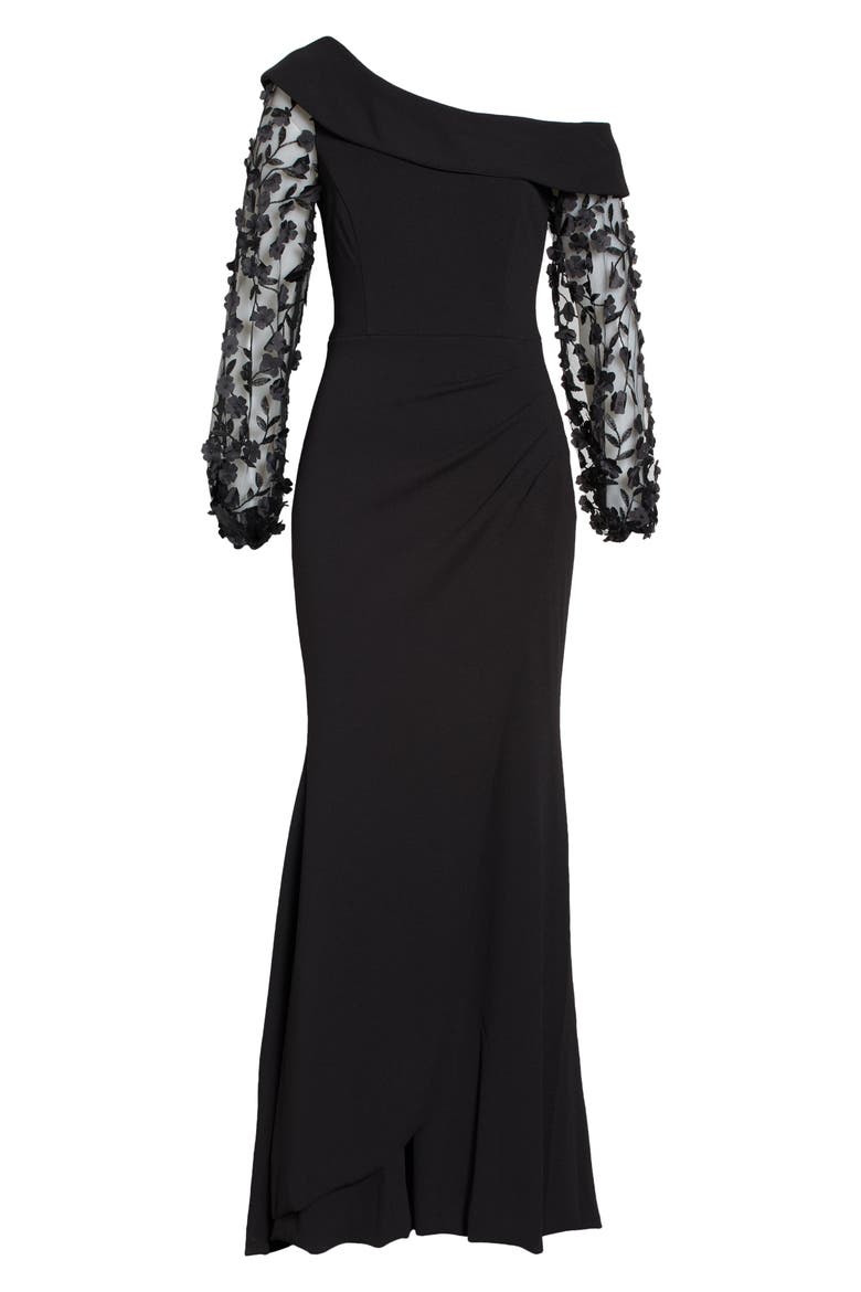 Floral Appliqué Long Sleeve Gown, Alternate, color, BLACK