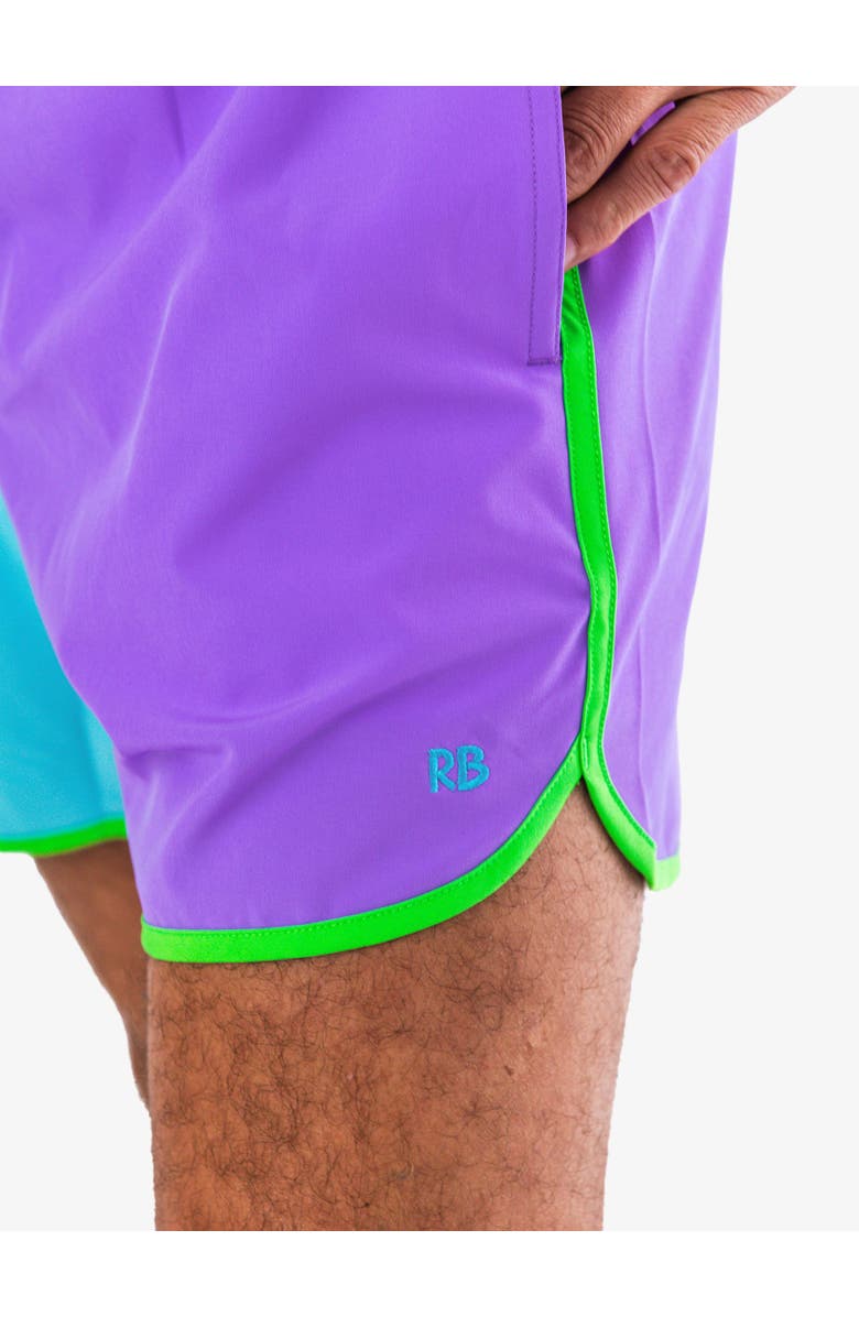 RuggedButts UPF50+ Sun Protected Men's Stretch Dolphin Hem Swim Trunks, Alternate, color, Neon Bright Aqua Color Block
