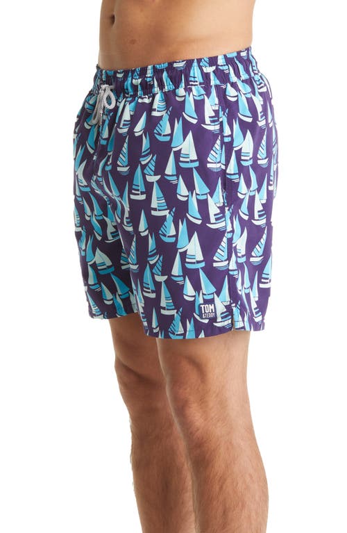 Tom & Teddy Boat Print Swim Trunks In Mulberry & Blue