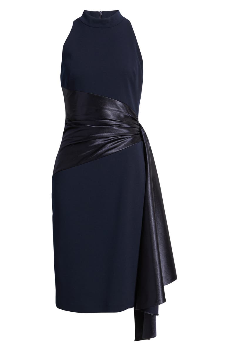 Eliza J Mixed Media High Neck Cocktail Sheath Dress, Alternate, color, Navy
