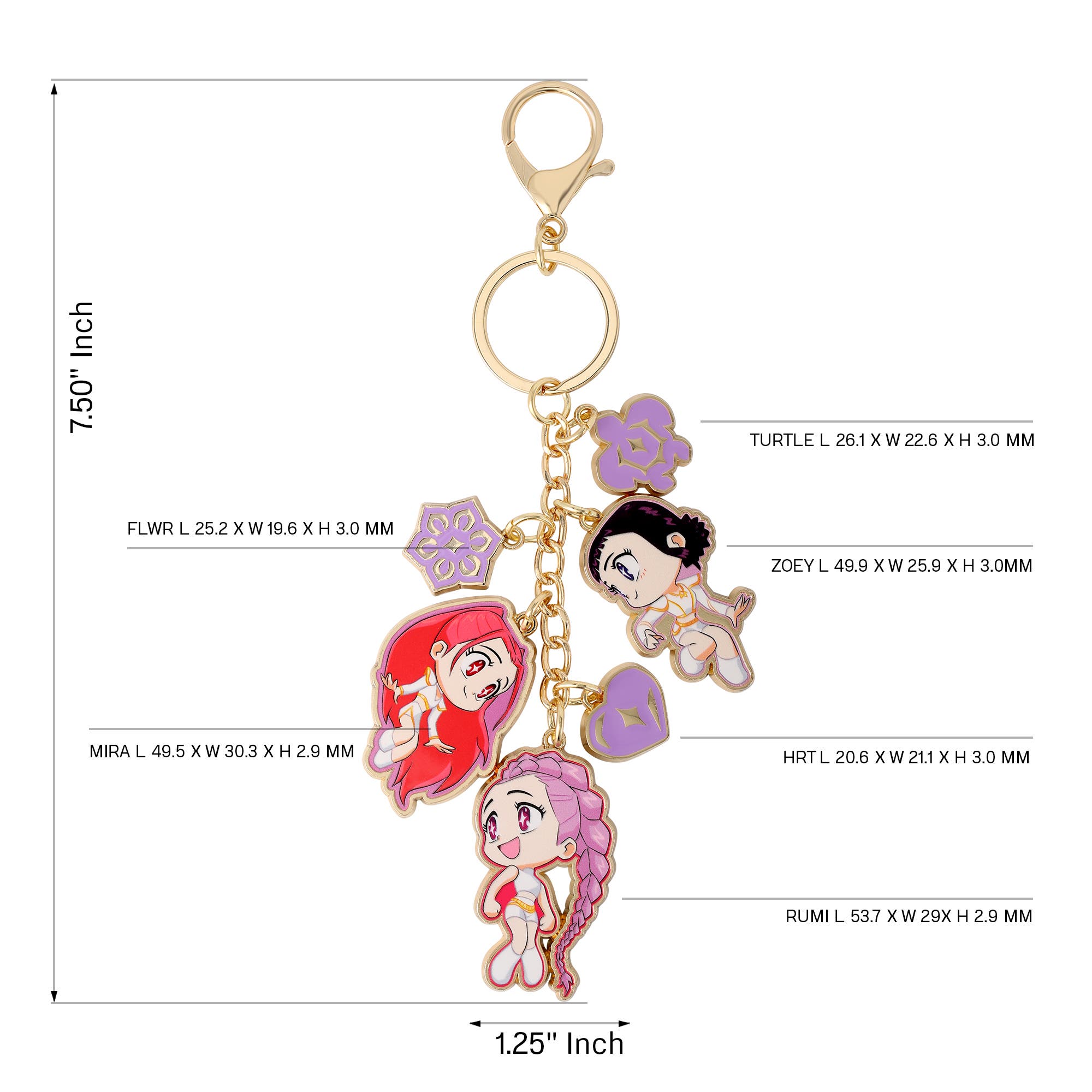 Bag Charm Keychain With Chibi Mira, Zoey, and Rumi Charm, Alternate, color, Gold-Tone