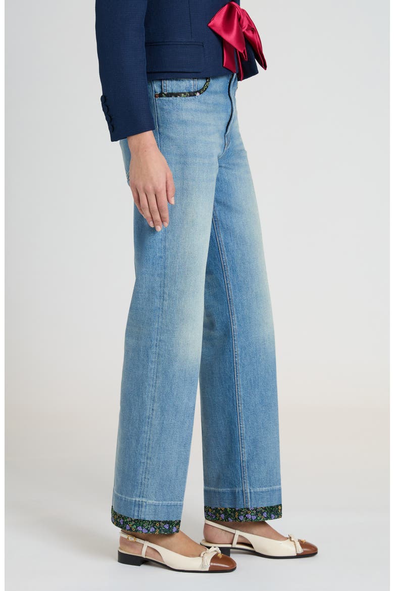 Floral Trim Straight Leg Jeans, Alternate, color, MEDIUM BLUE DENIM
