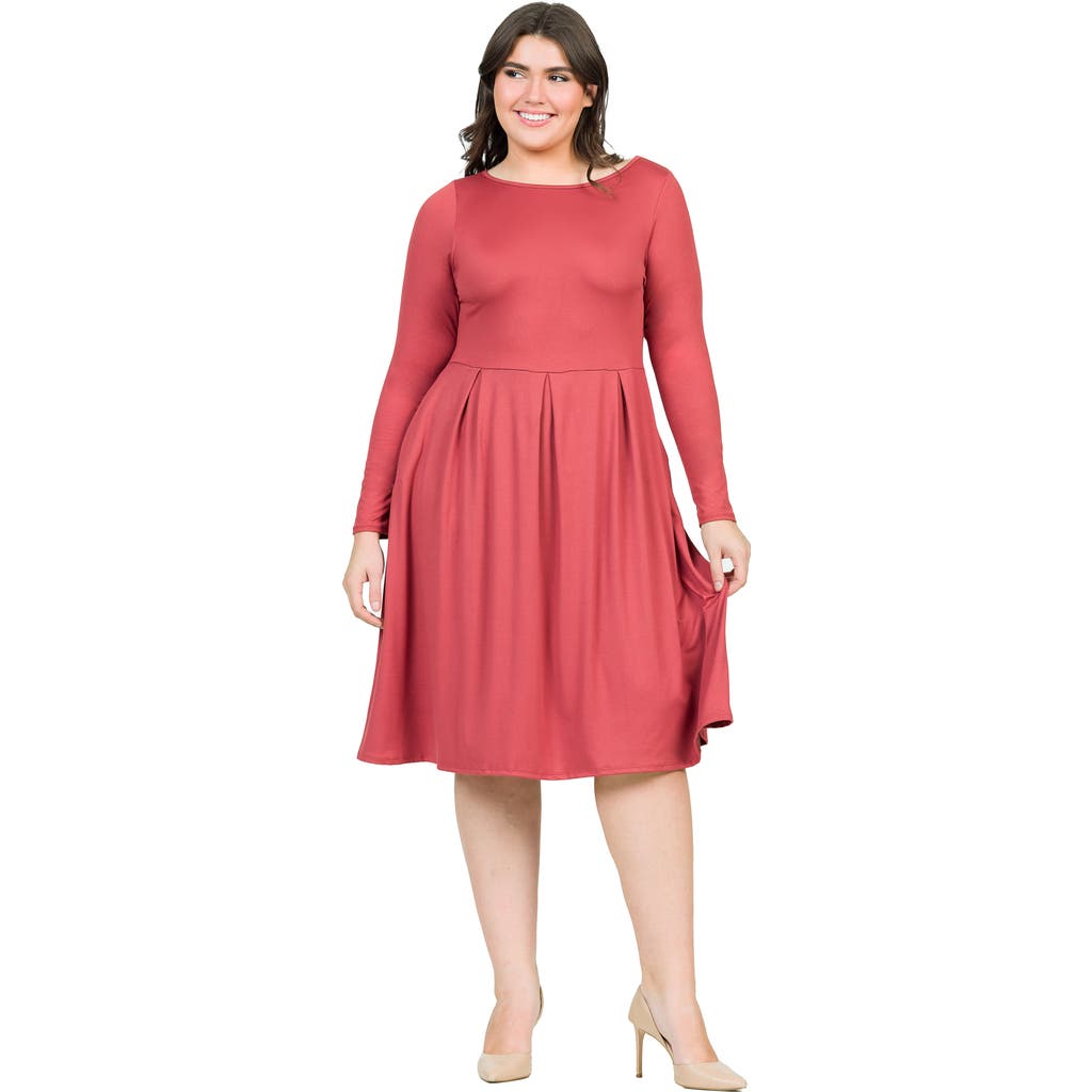 24seven Comfort Apparel Plus Size Long Sleeve Fit And Flare Midi Dress In Multi