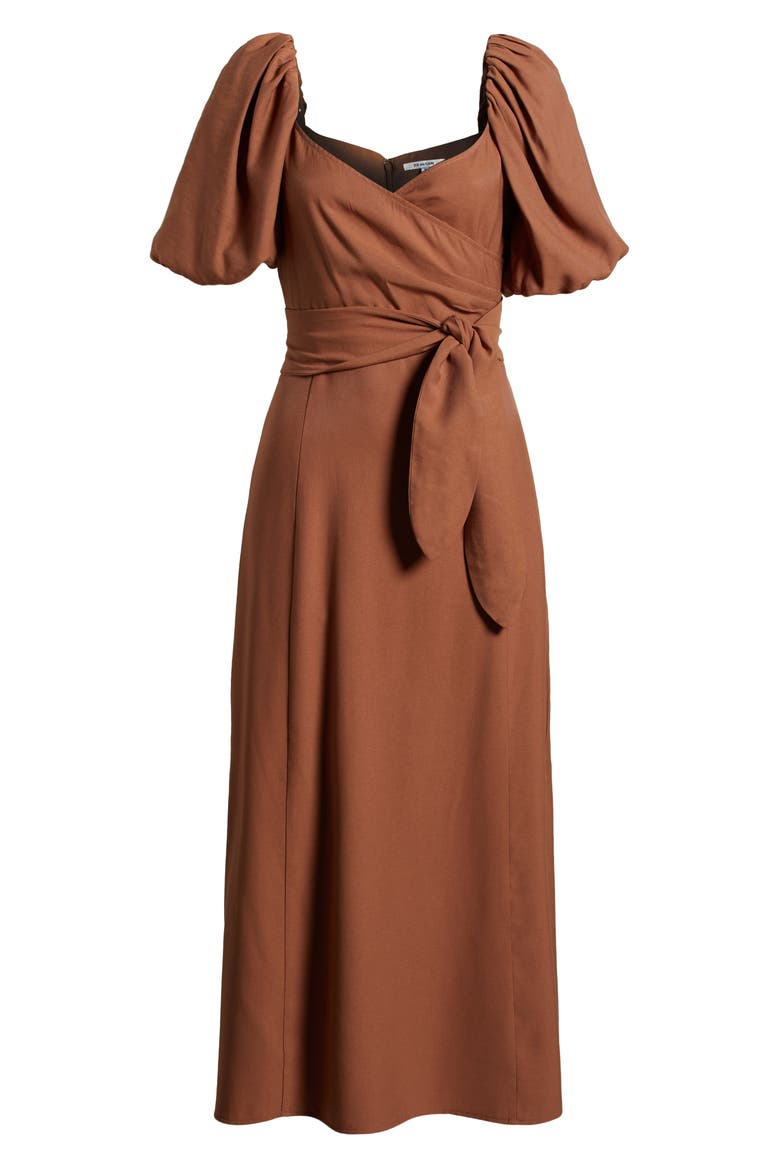 Puff Sleeve A-Line Dress, Alternate, color, BROWN