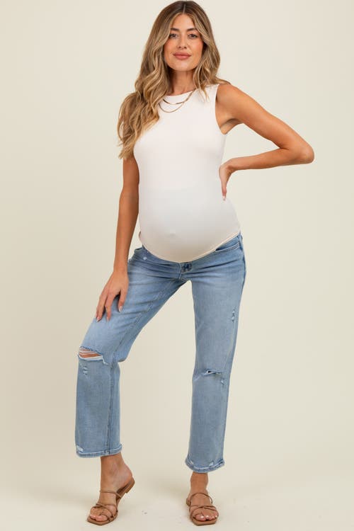Pinkblush Distressed Open Knee Ankle Straight Leg Jeans In Blue