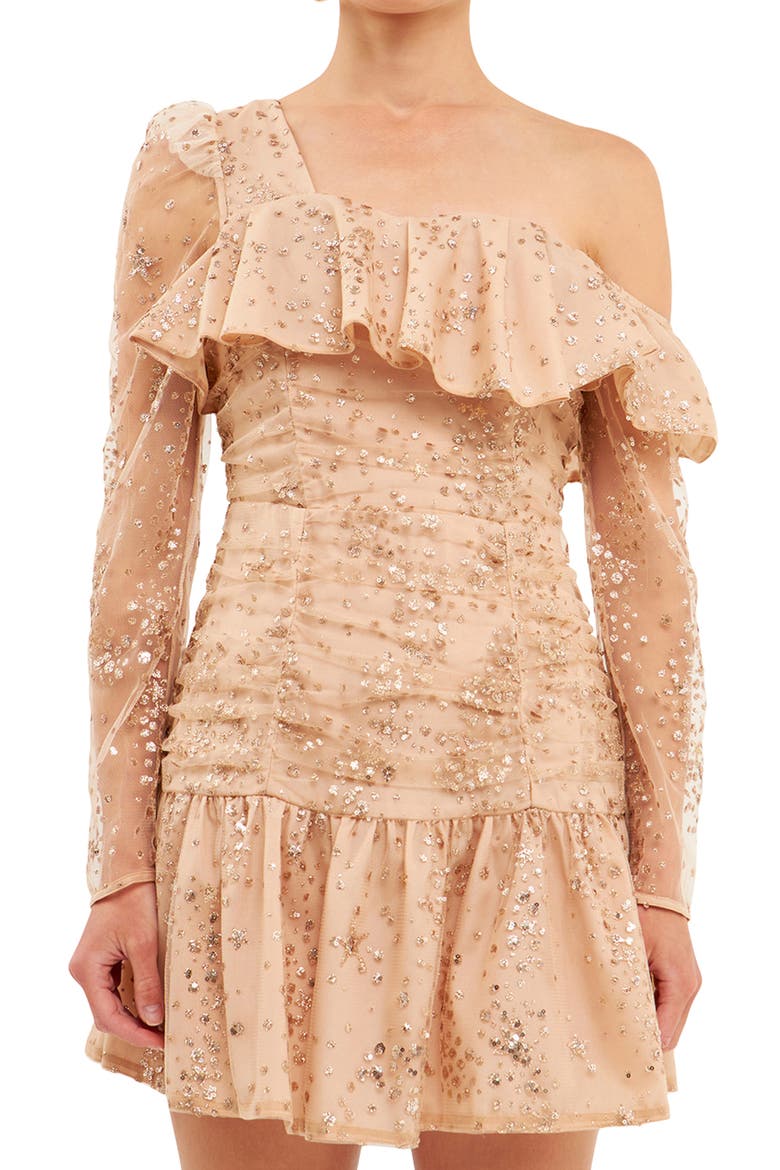 Sequin One-Shoulder Long Sleeve Minidress, Alternate, color, GOLD BEIGE