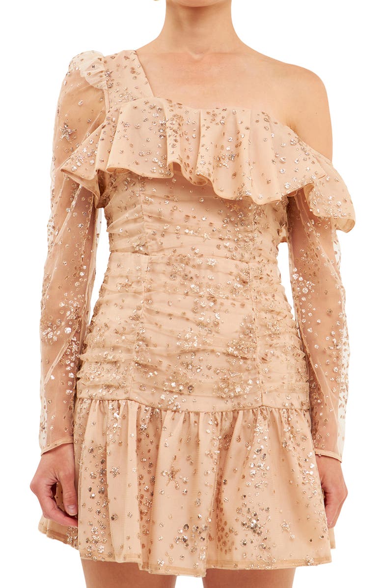 Endless Rose Sequin One-Shoulder Long Sleeve Minidress, Alternate, color, Gold Beige