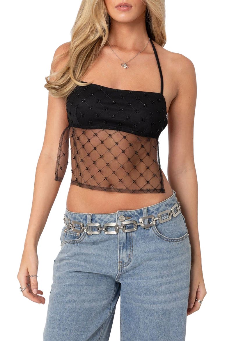Beaded Open Back Sheer Mesh Halter Top, Main, color, BLACK