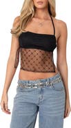 EDIKTED Beaded Open Back Sheer Mesh Halter Top