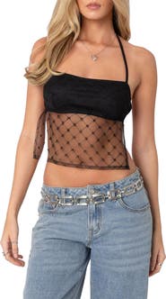 EDIKTED Beaded Open Back Sheer Mesh Halter Top