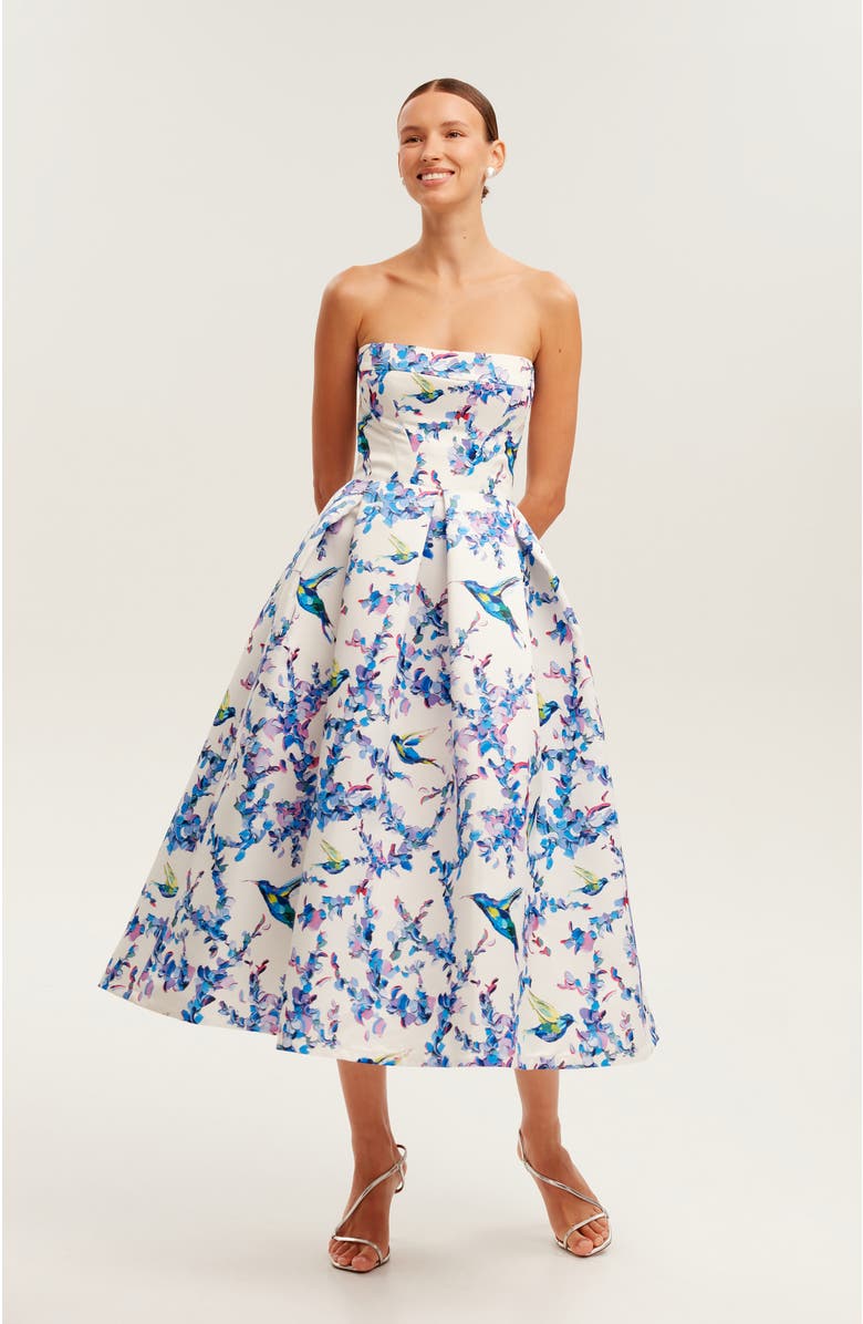 Milla Corset Midi Formal Occasion Dress, Main, color, Lavender Birds