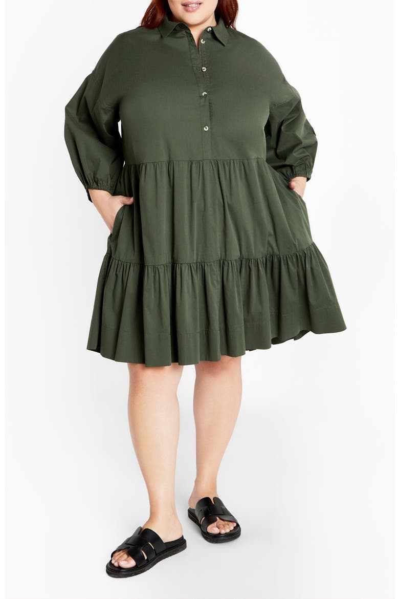 Kiara Balloon Sleeve Tiered Shirtdress, Main, color, KHAKI