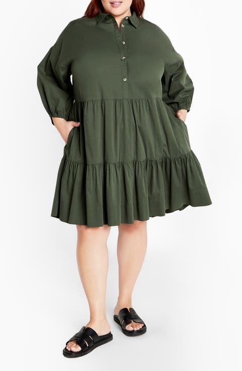 Kiara Balloon Sleeve Tiered Shirtdress (Plus)