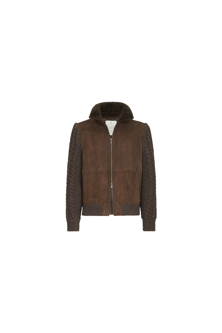 Suede shearling and cashmere knit bomber jacket with Thermore® padding, Alternate, color, Brown