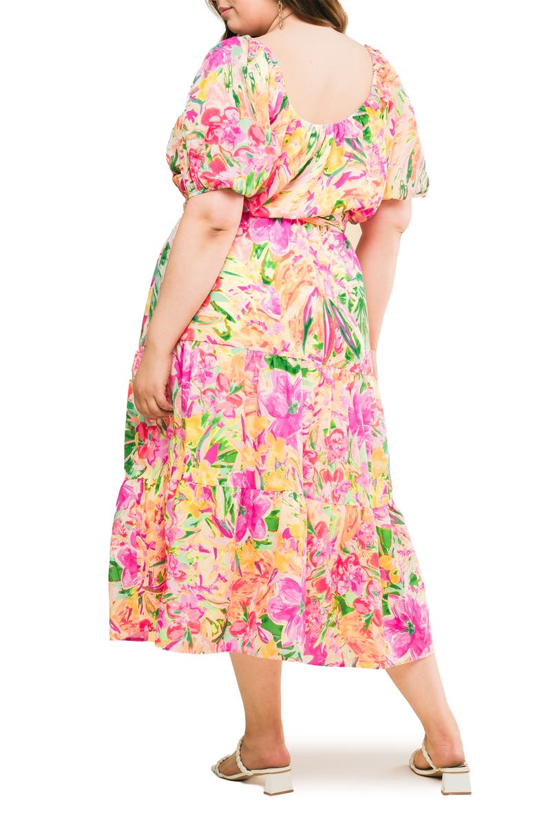 FLYING TOMATO Printed Tie Waist Tiered Maxi Dress, Alternate, color, Ivory Fuchsia