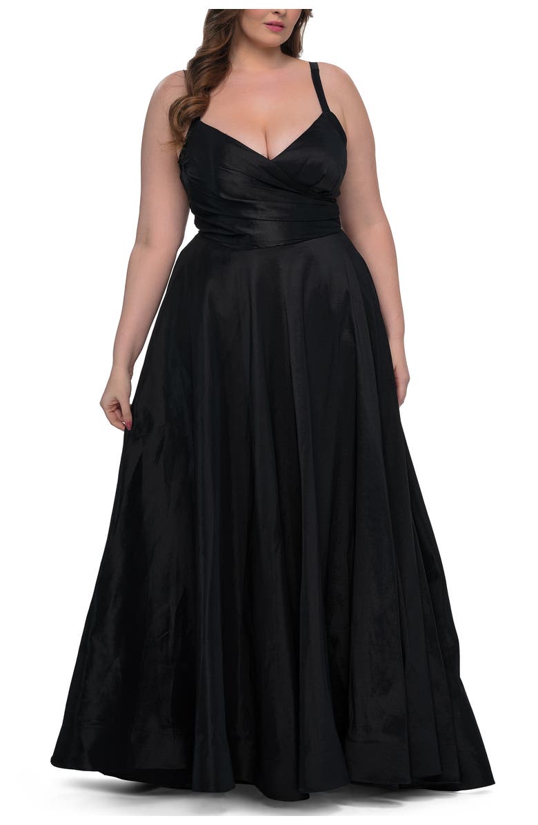 La Femme Simple A-line Mikado Plus Dress with Slit, Main, color, Black