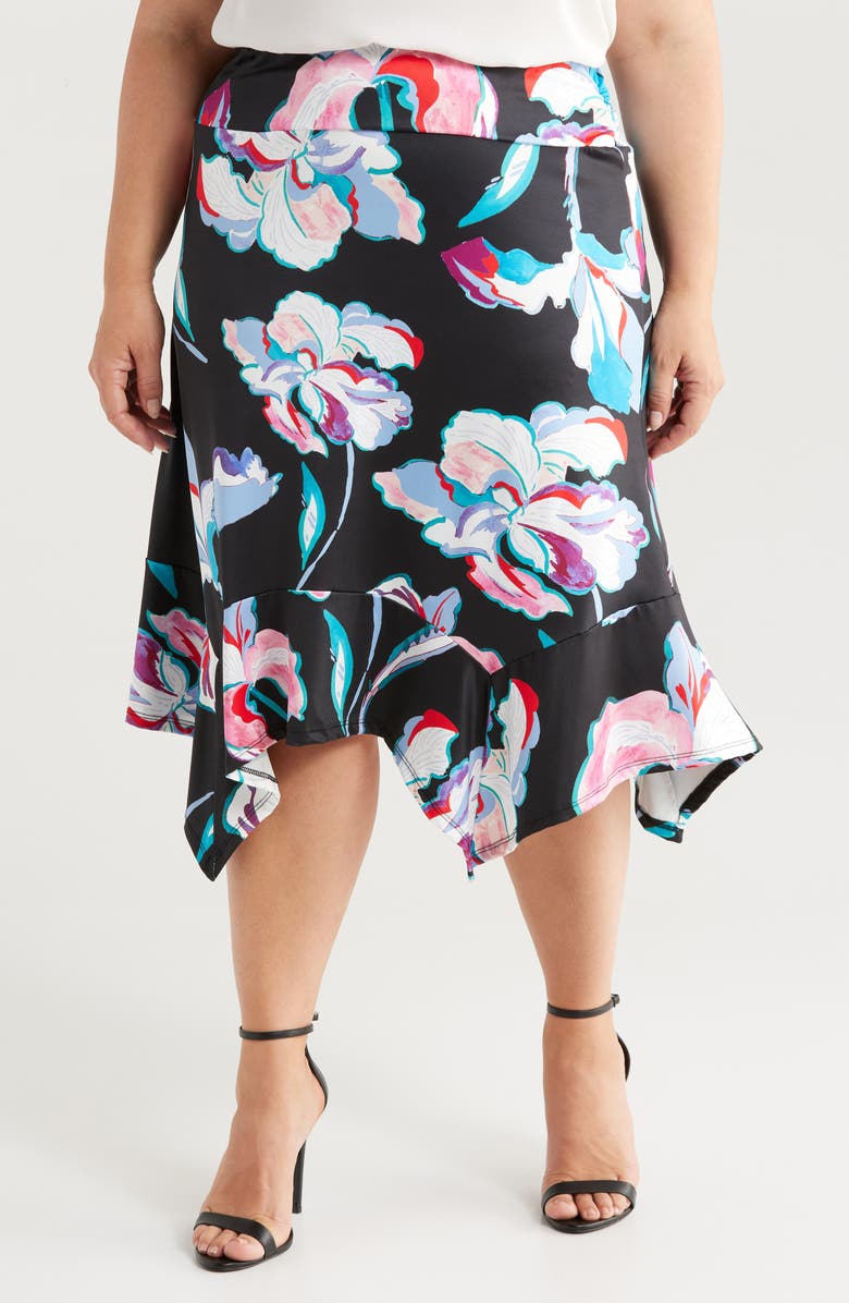 24seven Comfort Apparel Floral Elastic Waist Handkerchief Hem Stretch Skirt, Main, color, 