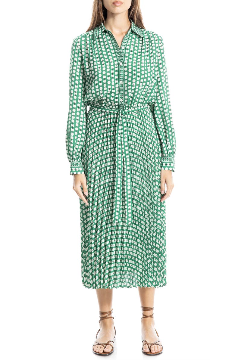 MAX STUDIO Long Sleeve Pleated Shirtdress, Alternate, color, Green/ Black White Print