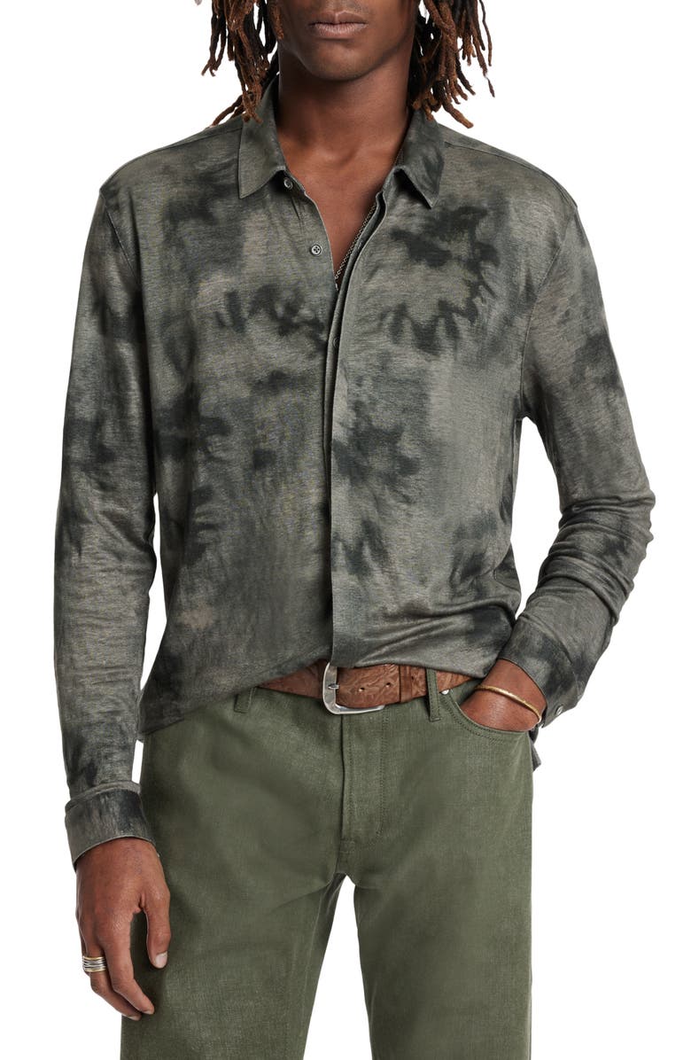 John Varvatos Camellia Tie Dye Slub Knit Linen Button-Up Shirt, Main, color, Flagstone Grey