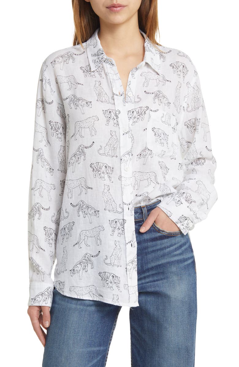 Rails Charli Linen Blend Button-Up Shirt, Main, color, Ivory Jungle Cats