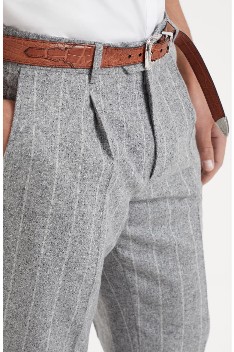 Flecked silk, wool and cashmere chalk stripe flannel leisure fit trousers with pleat, Alternate, color, Light Grey