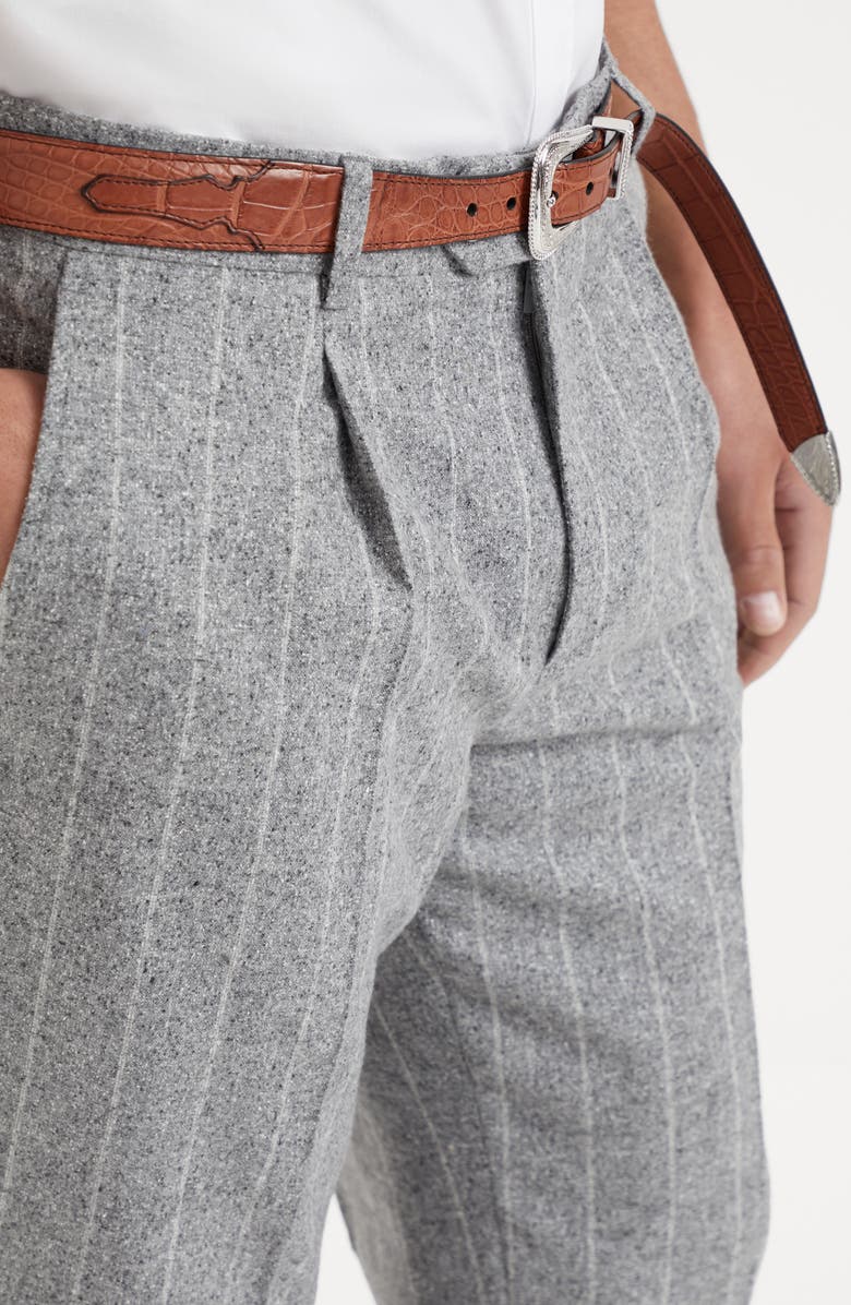 Brunello Cucinelli Flecked silk, wool and cashmere chalk stripe flannel leisure fit trousers with pleat, Alternate, color, 