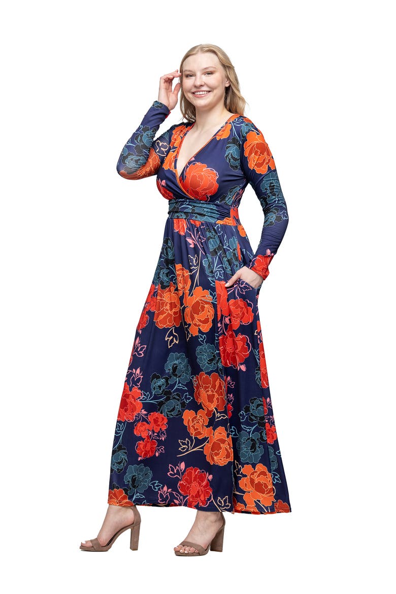 Floral Print Long Sleeve Side Slit Maxi Dress, Alternate, color, Navy Multi