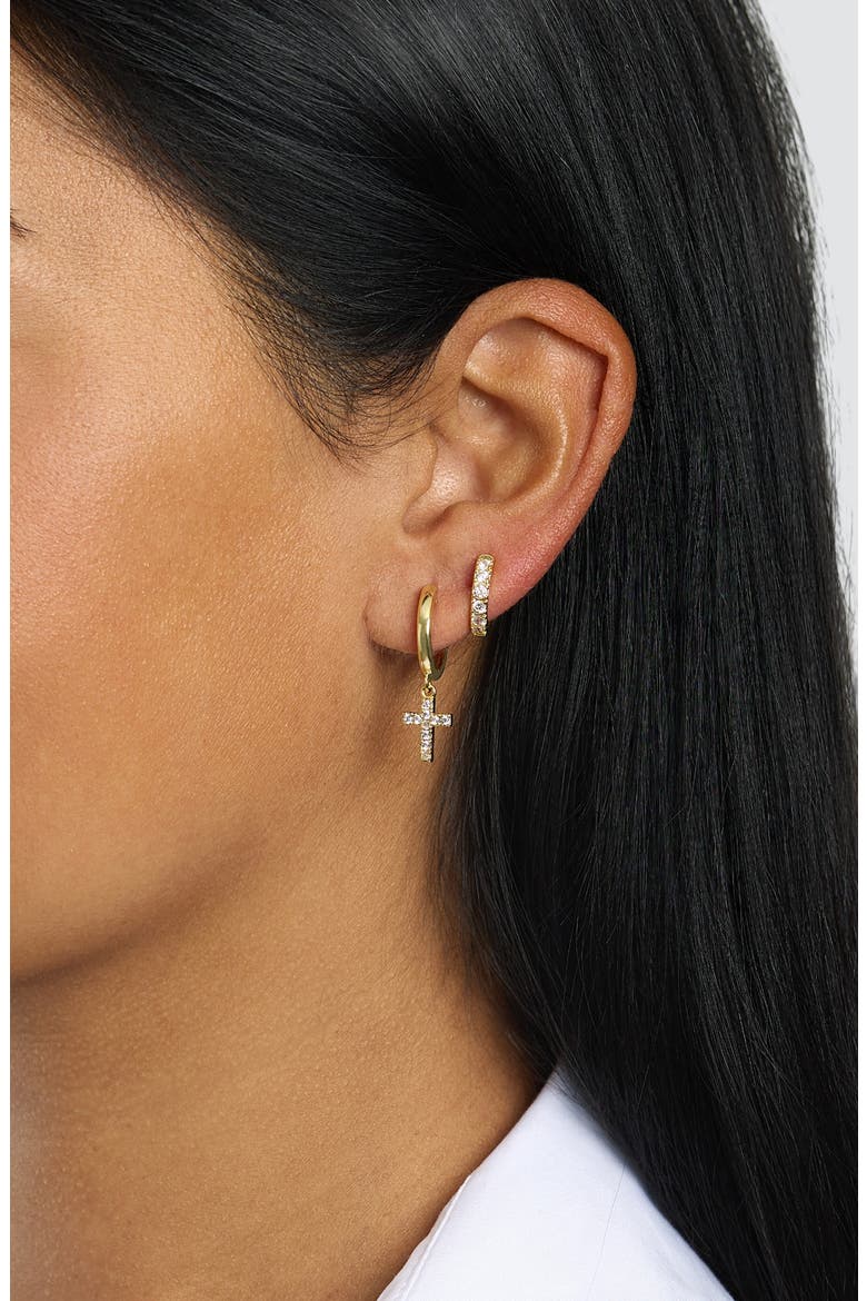 Cubic Zirconia Cross Double Hoop Earrings, Alternate, color, GOLD