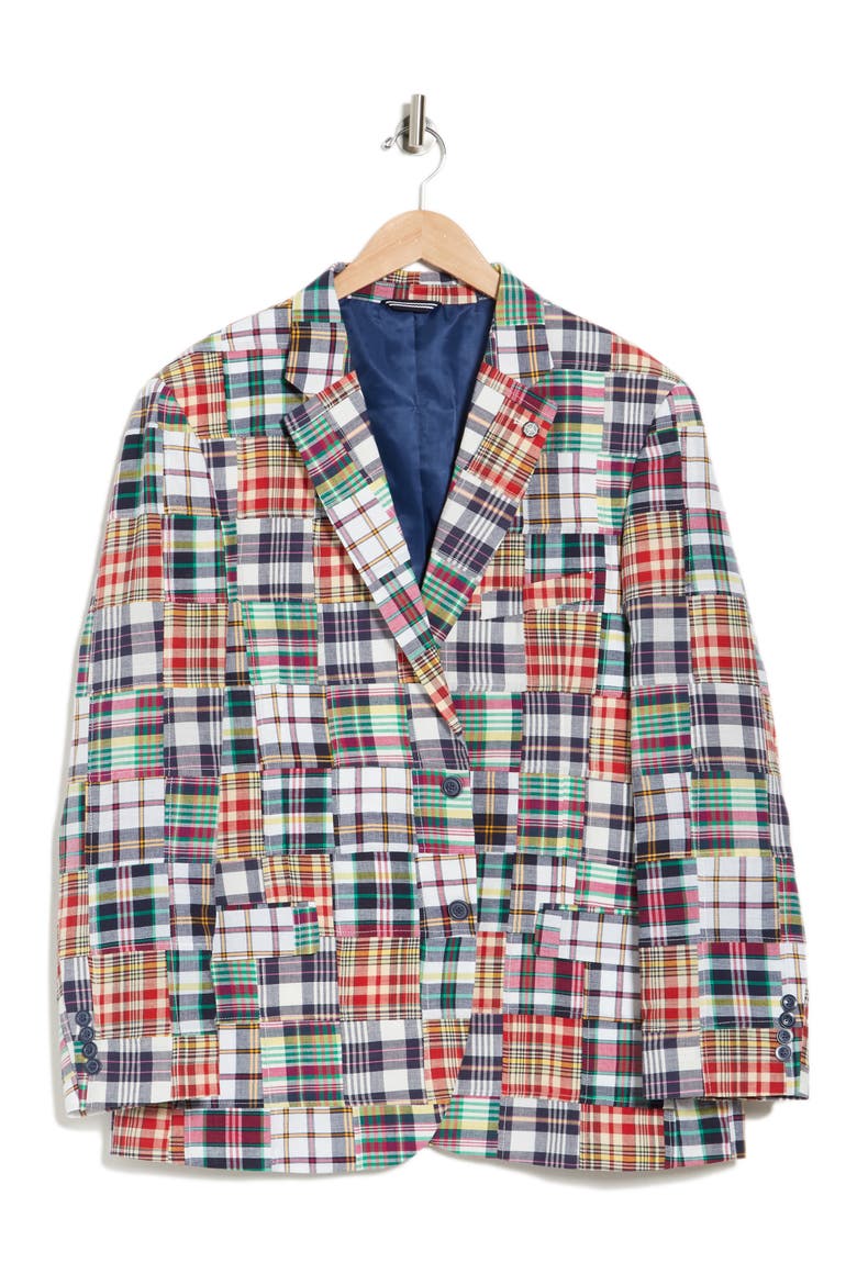 Madras Plaid Patchwork Two Button Notch Lapel Cotton Sport Coat, Alternate, color, BLUE