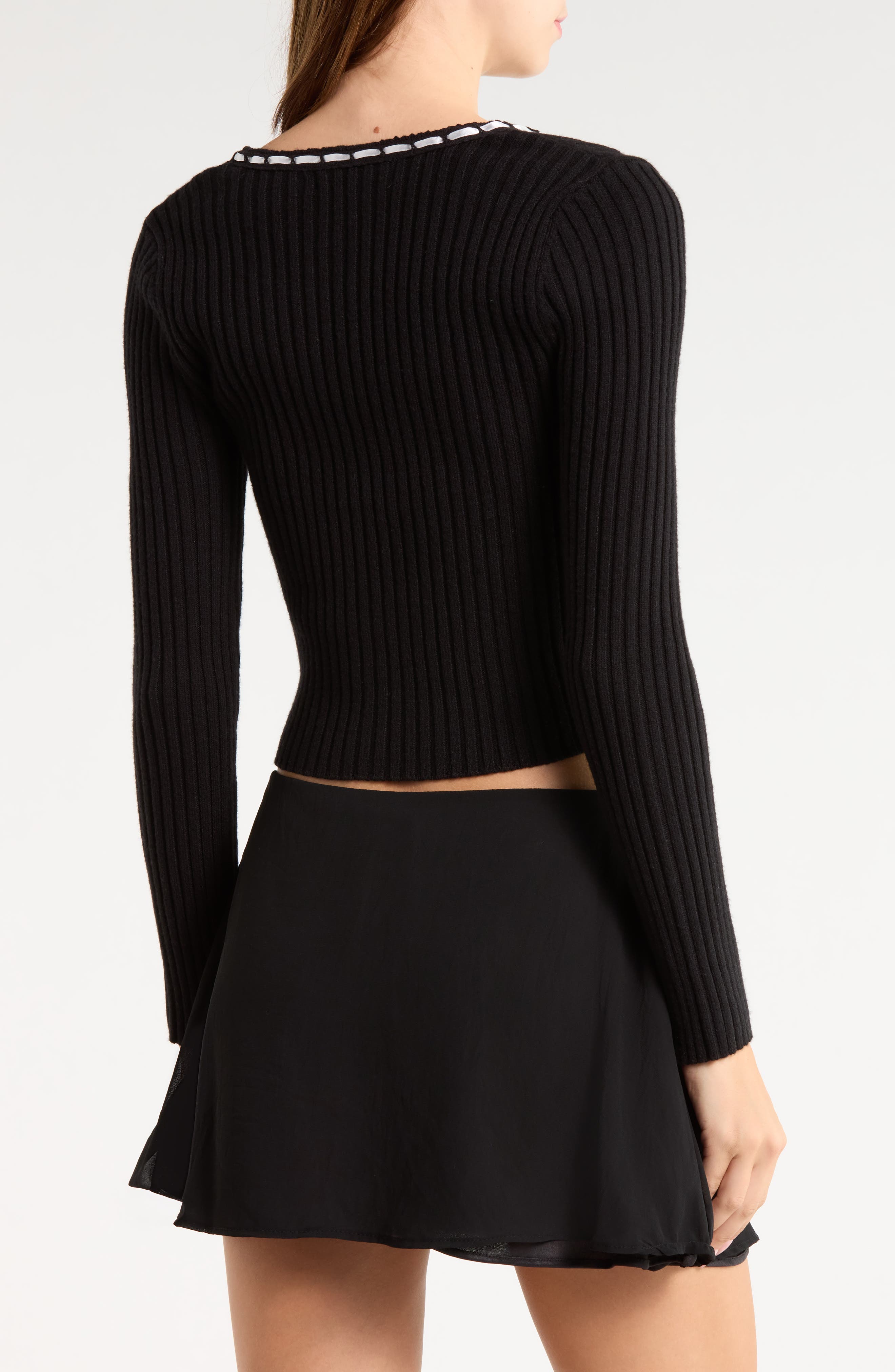 LUV BETSEY Ribbed Ribbon Trim Cardigan (Women) | Nordstromrack