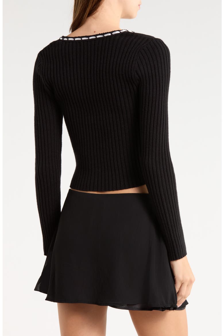 Ribbed Ribbon Trim Cardigan, Alternate, color, BLACK