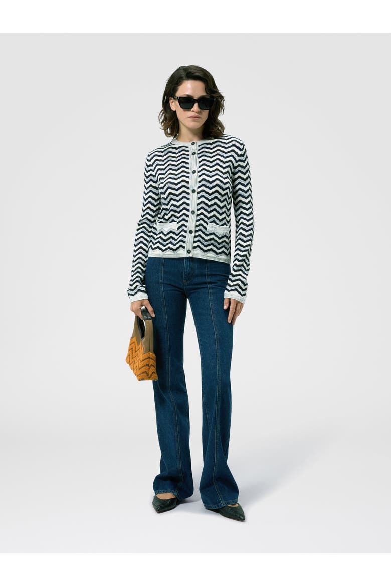 Wave Motif Wool And Viscose Cardigan, Alternate, color, Blue& White