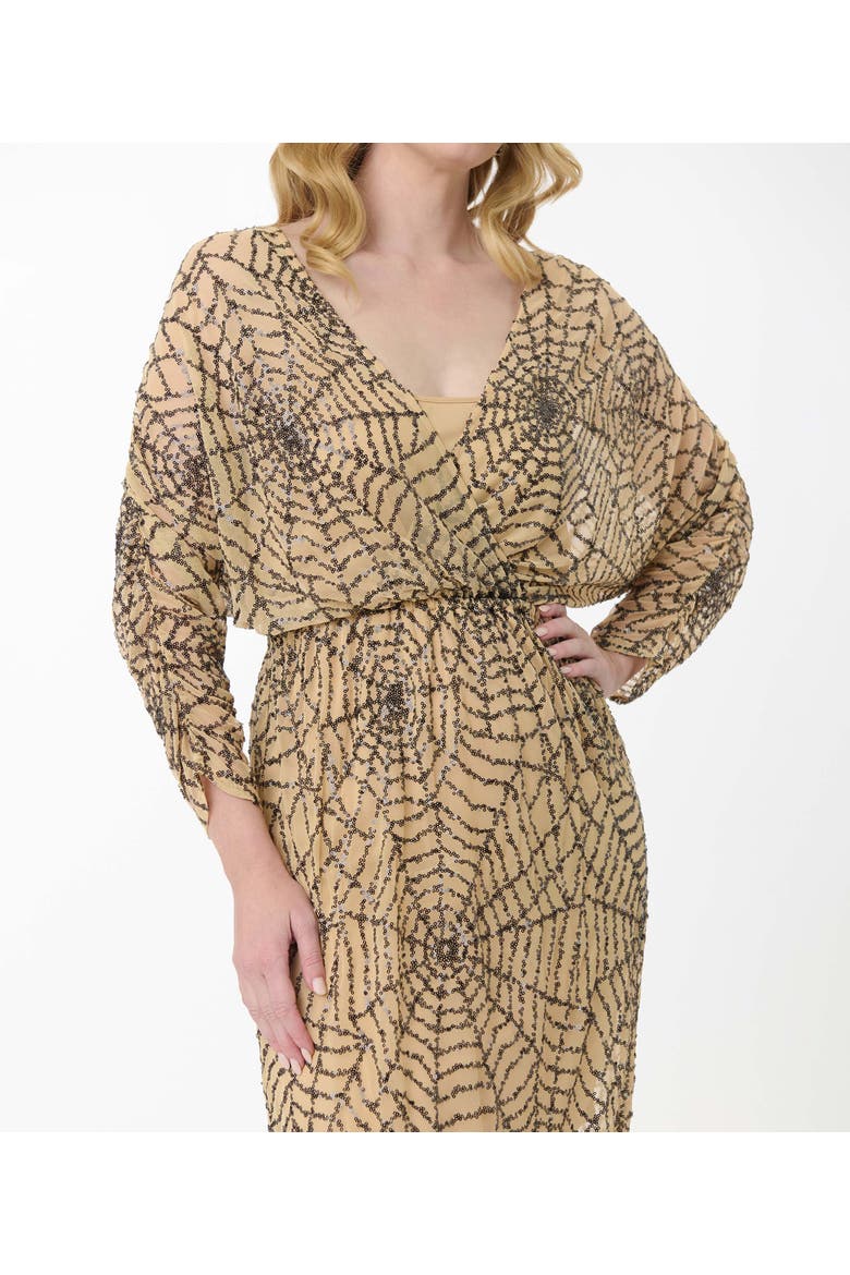 Sequin Faux Wrap Maxi Dress, Alternate, color, Beige Spider Web Print