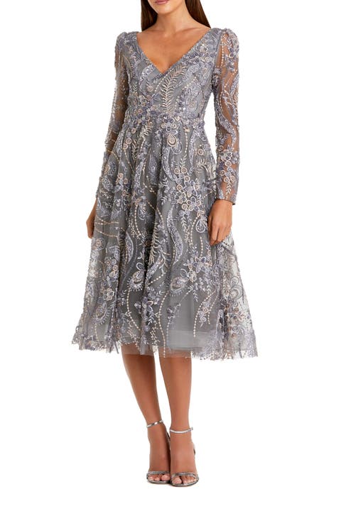 Women's Floral Embroidered Long Sleeve V Neck Midi Dress
