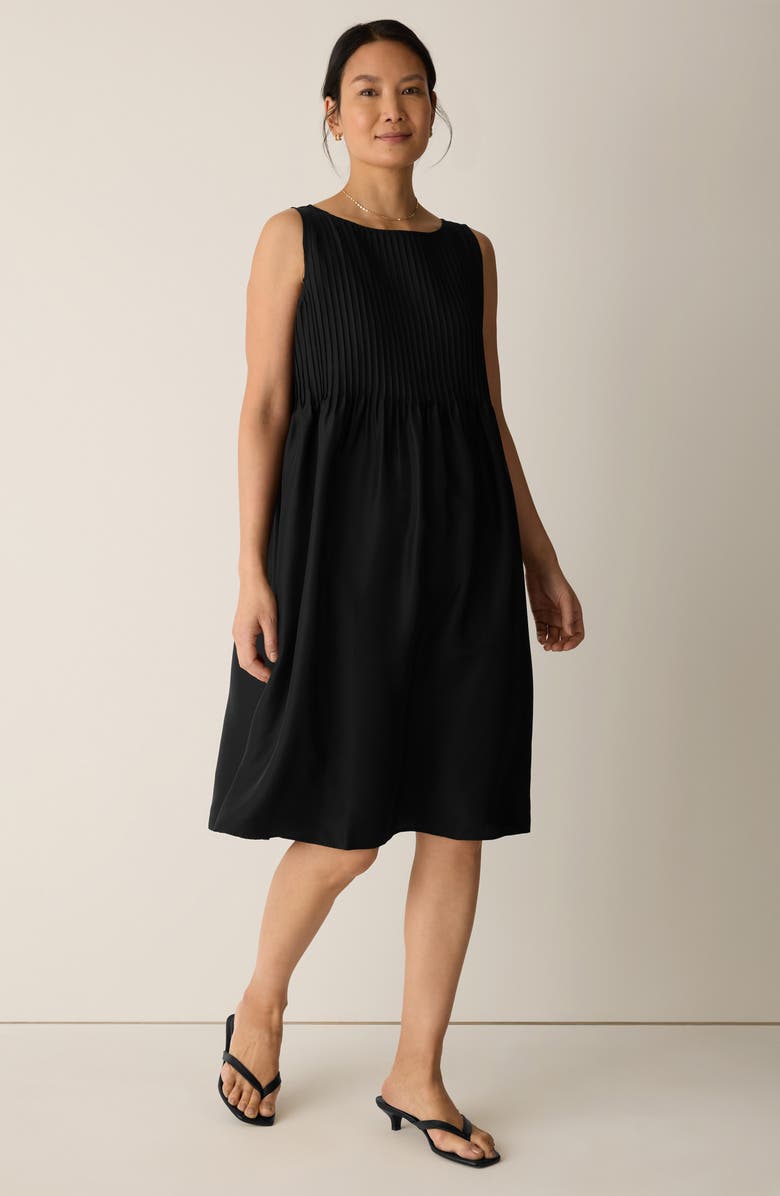 Eileen Fisher Pleated Silk Dress, Alternate, color, Black