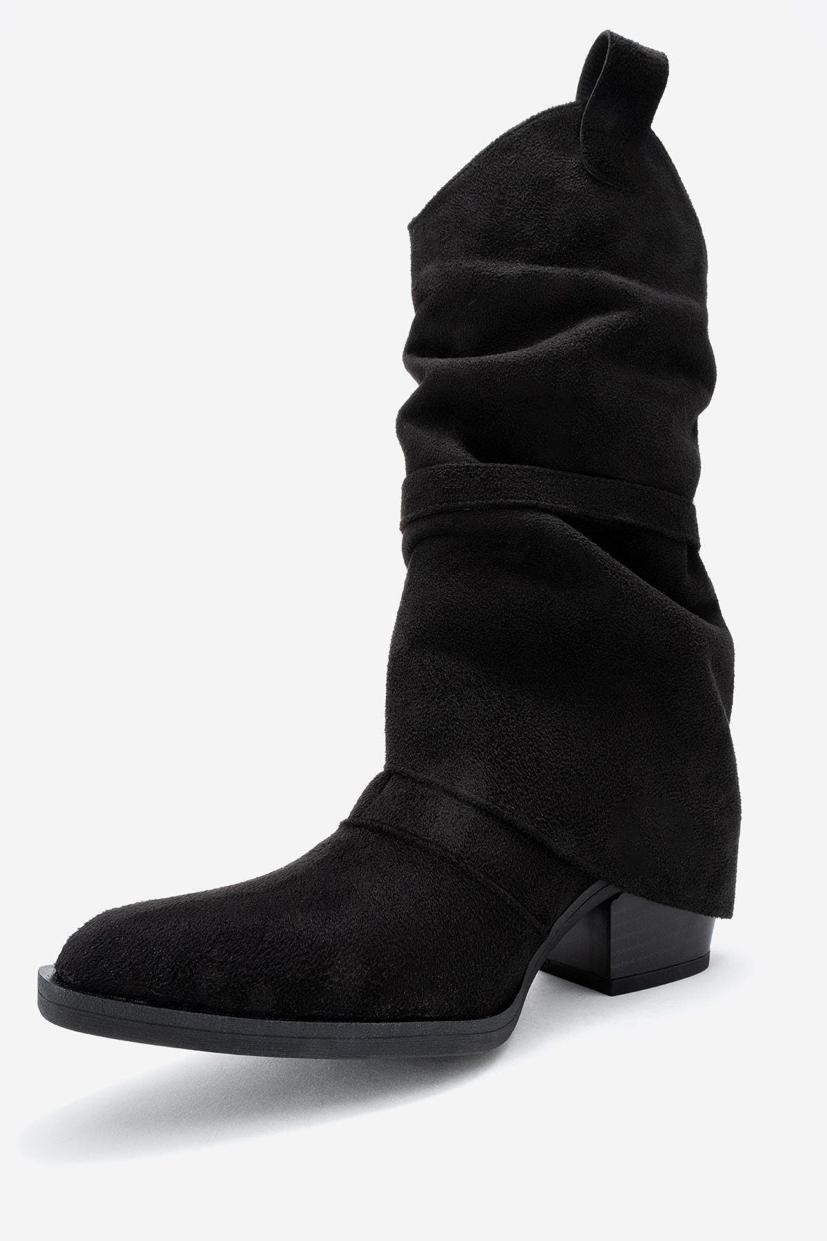 Okus Buckle Block Heel Boot, Alternate, color, Black Suede Faux Leather