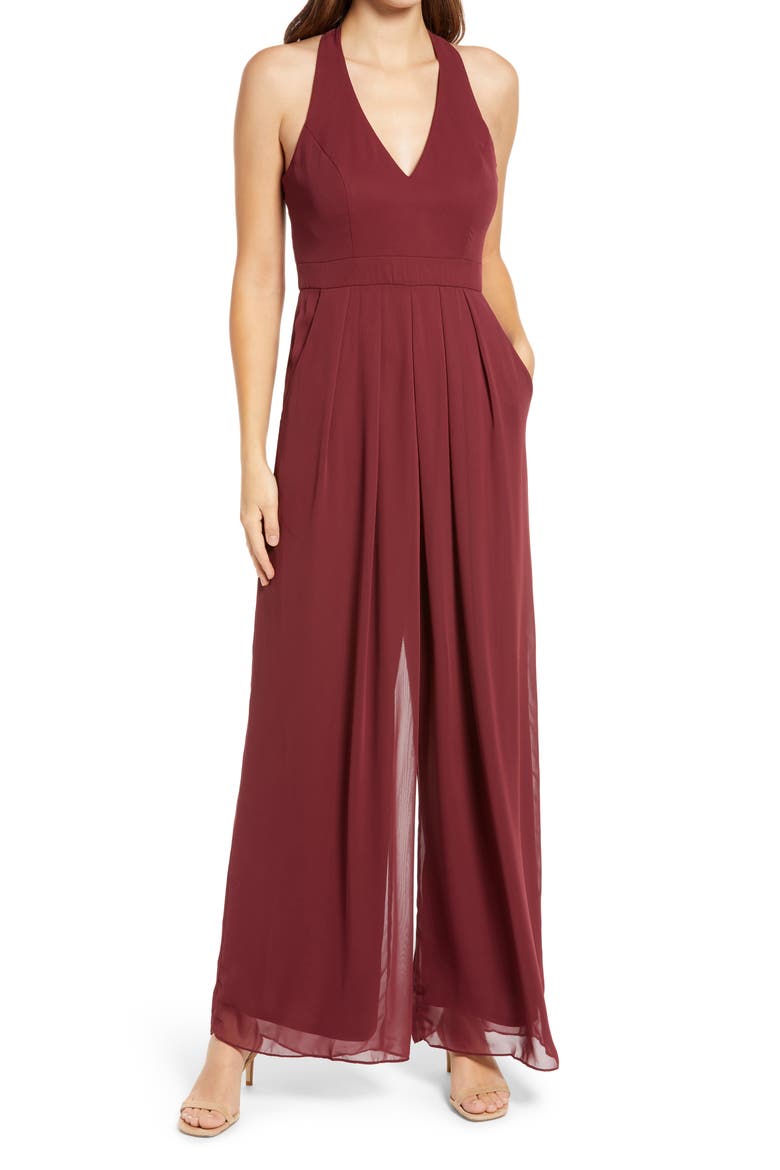 Arielle V-Neck Lux Chiffon Jumpsuit, Main, color, BURGUNDY