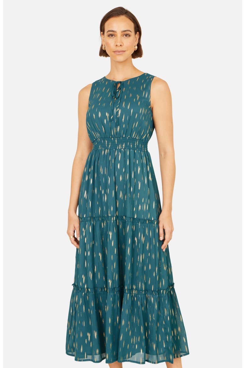 Foil Print Ruched Waist Midi Dress, Main, color, Teal